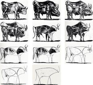 Pablo Picasso, Les 11 états successifs de la lithographie Le Taureau , 1945. This is the sereise of images Picasso created, while working backwards, towards basic mark making like that seen in the last image.